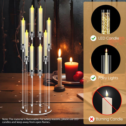 2 Sets 8 Arms Acrylic Candelabra Centerpieces for Tables Decortion,Clear Candle Holder for Wedding Dinner Fireplace Decoration and Home Decor,Candlesticks Holder with 16 LED Candle