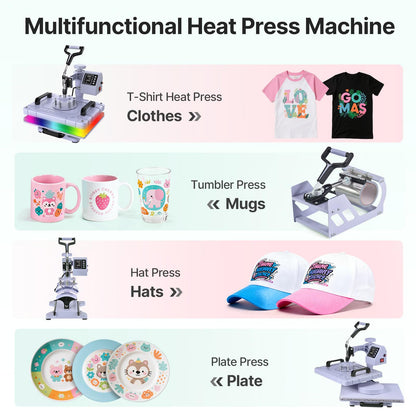 Slendor Heat Press Machine 12x15 inch, 5 in 1 360-Degree Swing Away Digital T Shirt Pressing Machine Multifunction Heat Transfer Sublimation Combo for T Shirts Mugs Hat Plate Cap, Lavender