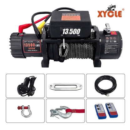 XYCLE Winch13500lbs 12V Waterproof Electric Winch Synthetic Rope Truck Winch Towing Winch Boat Trailer Winch SUV 4-Wheel Drive Off-Road Vehicle with Remote Control 3/8 Synthetic Rope (Black)