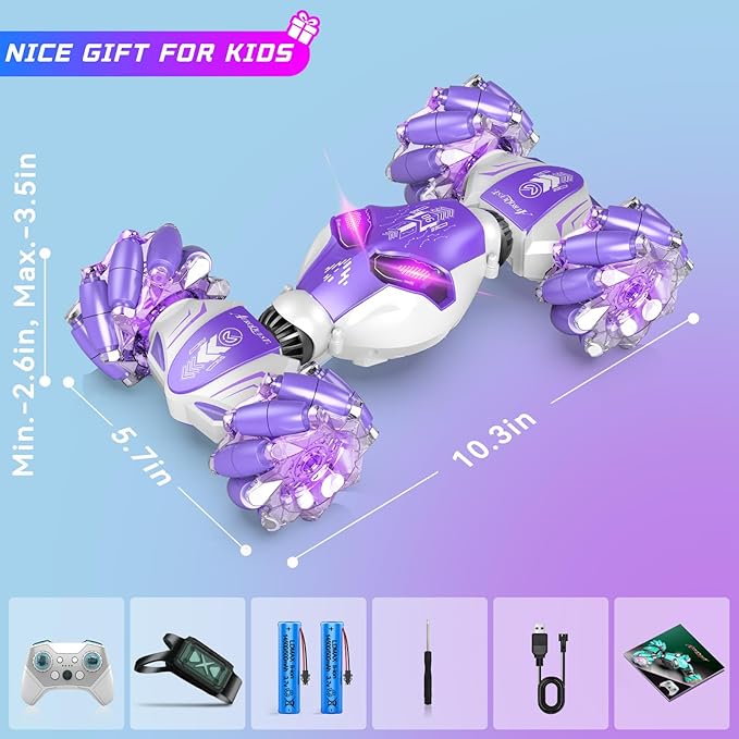 Gesture Sensing RC Stunt Car 4WD Hand-Controlled 2.4GHz Remote Control Drift Cars for Boys Girls Age 6-8-12 All-Terrain Off-Road Twist Toy Cars with Lights Music for Birthday Gifts(Purple)