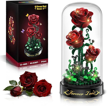 Flower Building Set with LED Light - 241 PCS Burgundy Red Rose Building Blocks Kit with Cover Easter Day Gift for Her Grilfriend Wife 3.6MM Mini Botanical Collection Block Toy Home Decor