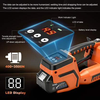 GEARCESS Electric Strapping Machine with LCD Screen, Tool Portable Baler for 1/2-5/8 in PP PET Straps 2 x 4000mah Battery Powered Automatic Banding Box Pallet (with Gloves and Goggles)
