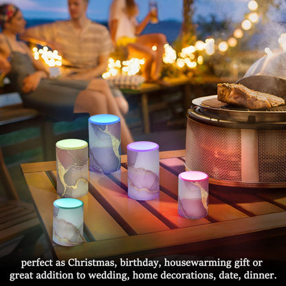 famyily Marble Burgundy Gray Flameless Candles Led Flameless Candles with Timer for Dining Room Table 4" 5" Set of 2