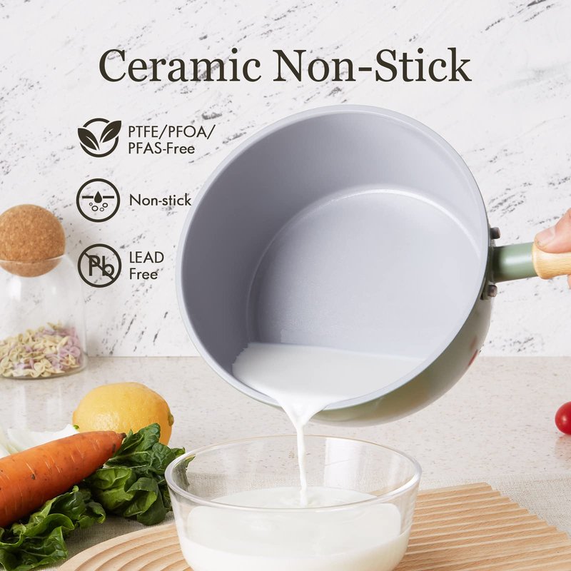ROCKURWOK Ceramic Nonstick Sauce Pan with Lid, 2 Quart Cooking Pot, Small Saucepan with Steamer, PTFE& PFAS-Free, Wooden Handle for Cool Touch, Universal Base(Gas, Electric & Induction), Green