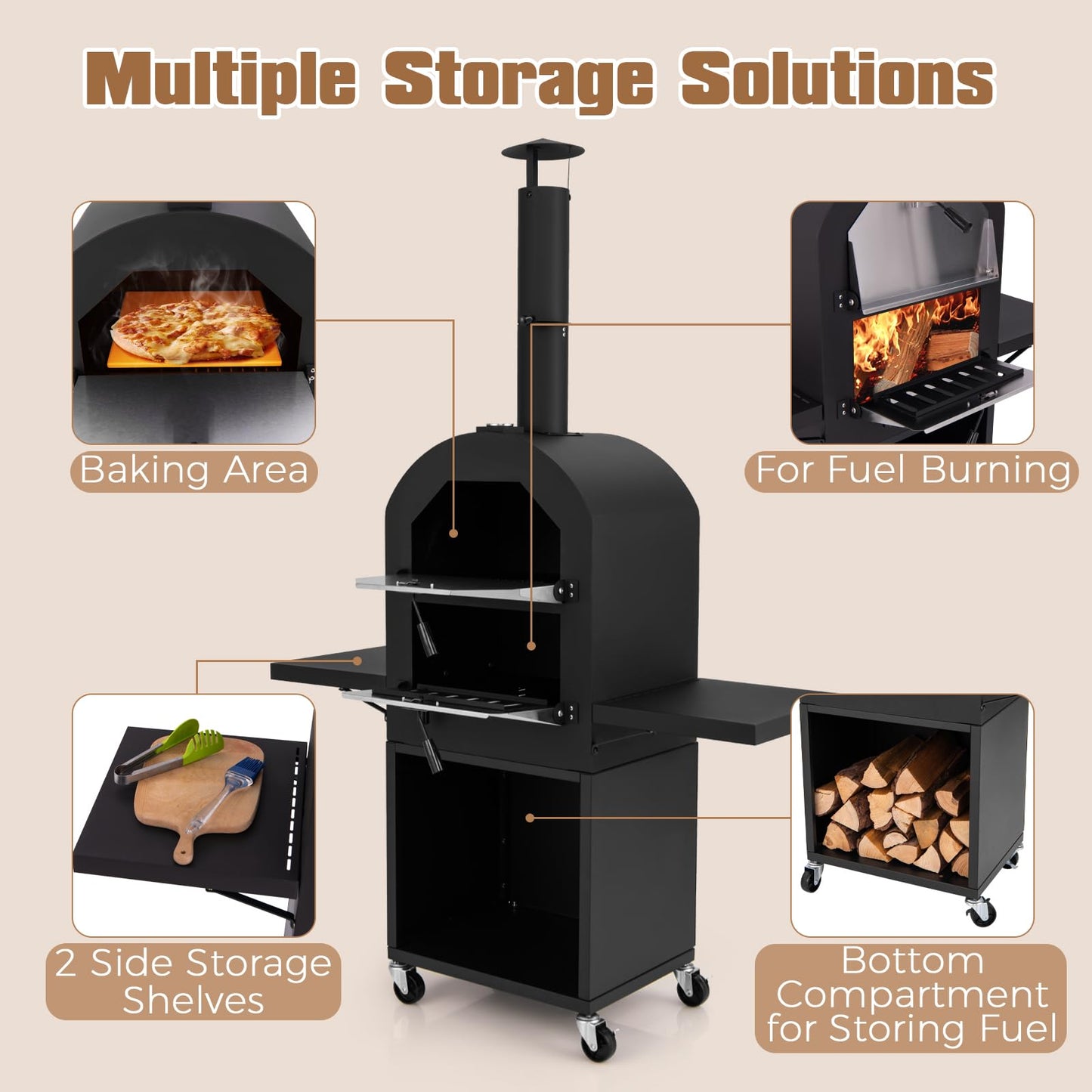 LDAILY Outdoor Pizza Oven, Wood Fired Pizza Maker with Side Shelves, Cooking Grids, Cover, Pizza Stone & Peel, Patio Portable Pizza Stove for Backyard, Camping & Party, Black