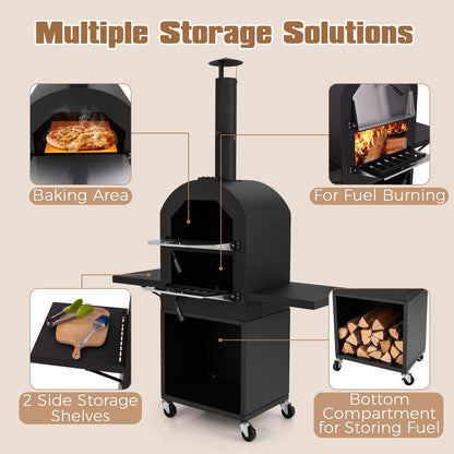 LDAILY Outdoor Pizza Oven, Wood Fired Pizza Maker with Side Shelves, Cooking Grids, Cover, Pizza Stone & Peel, Patio Portable Pizza Stove for Backyard, Camping & Party, Black