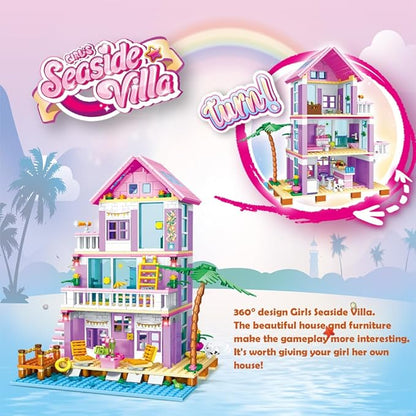 Girls Building Blocks House Toys 573 Pieces Seaside Beach Villa Friends Building Set Educational Holiday Cottage Construction Bricks Toys