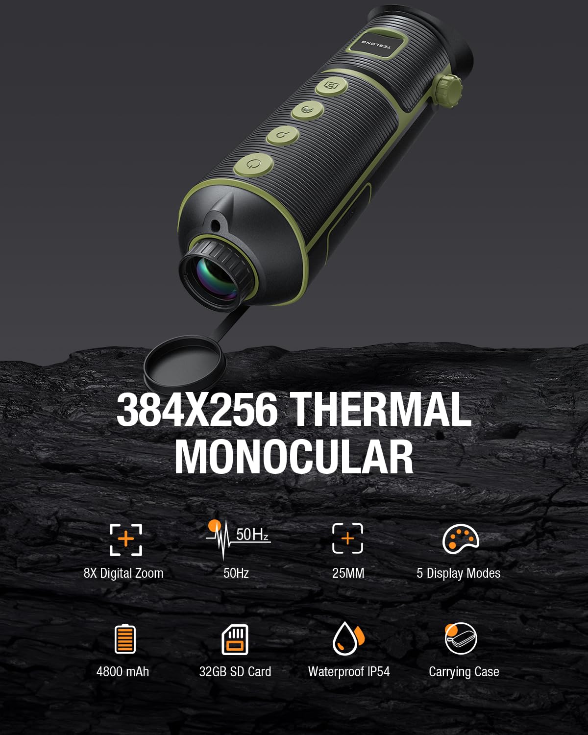 Teslong TTS390 384x256 Thermal Monocular, 50Hz Thermal Imaging Camera with 25mm Lens, 10H Battery Life, 8X Digital Zoom, IP54 Waterproof IR Night Vision Monocular for Hunting & Search