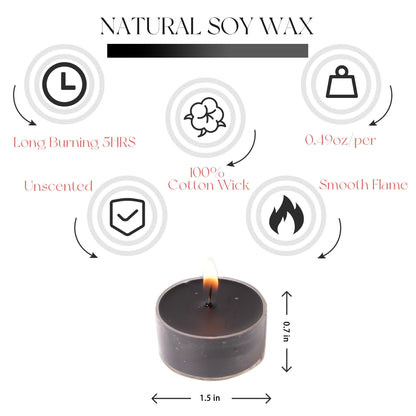 MUUFAZA 12 Unscented Natural Soy Tealight Candles in Clear Cups, 5H Long Clean Burning, Hand-Poured Black Mini Tea Candle Set for Parties, Spa, Meditation, Gift, Holiday, Emergency, Home Decor