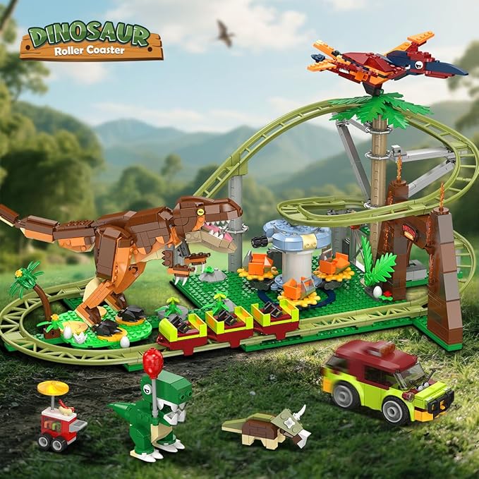 HOGOKIDS Dinosaur Roller Coaster Building Set - 1222 PCS Roller Coaster Building Toy with 4 Dinosaur Off-Road Vehicle Food Cart Dinosaur Models Playset Gifts for Adults Girls Boys Ages 8-12 Years