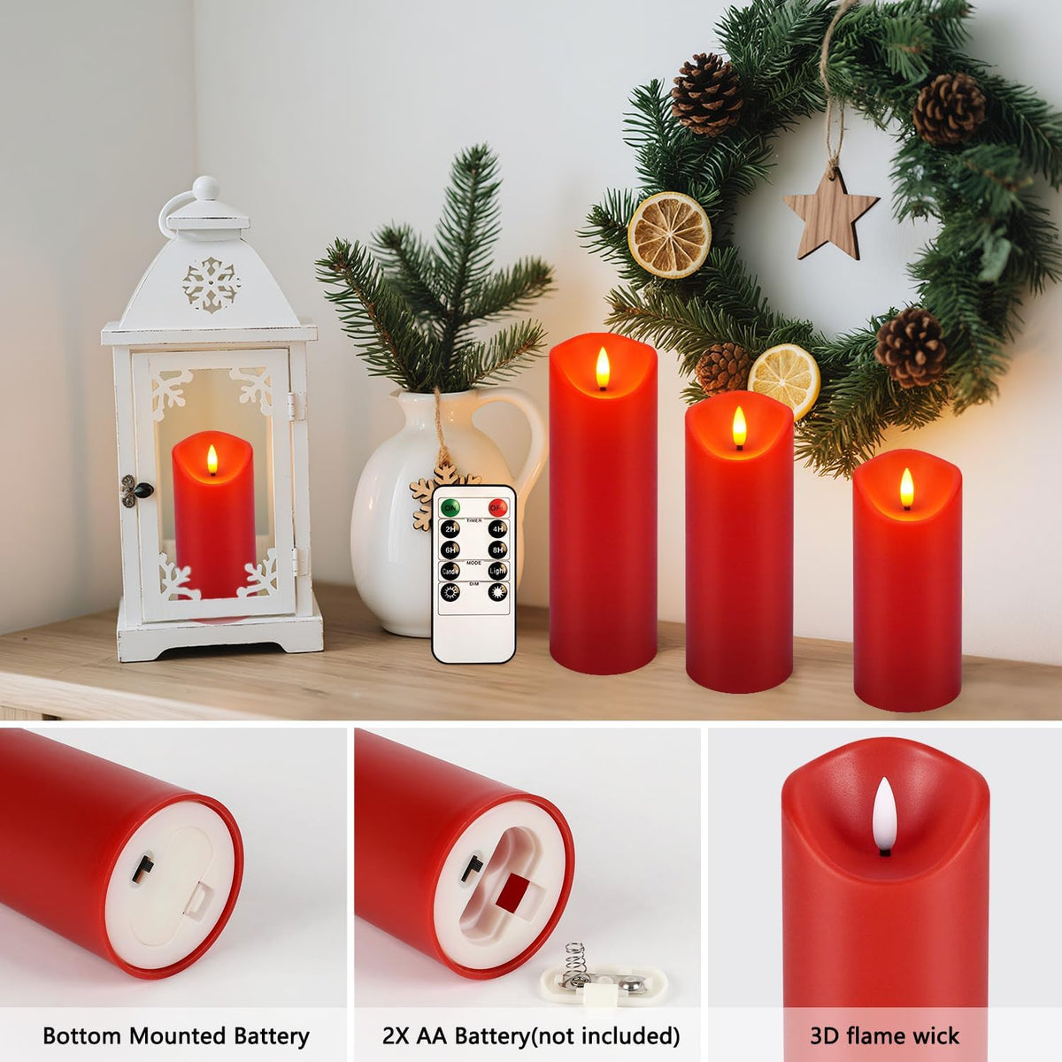 fclayvts 24 Pack Red LED Candles with Remote & Timer - Flameless Pillar Candles with 3D Flickering Flame, Battery Operated for Christmas Tree, Table Centerpieces, Party Decor