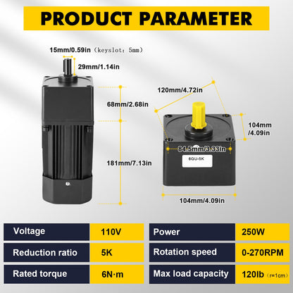 250W Variable Speed Motor with Gearbox and Bracket, 0-270RPM(5K) High Torque AC Gear Reducer Motor for Industry, Robotics, Automotive, Production Line