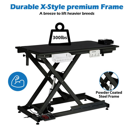 PeacefulHues 50" Electric Hydraulic Dog Grooming Table, Heavy Duty Grooming Table with Aluminium Overhead Arm, Anti Slip Tabletop, 6 USB Ports for Home and Salon, Maximum Capacity Up to 300Lb, Black
