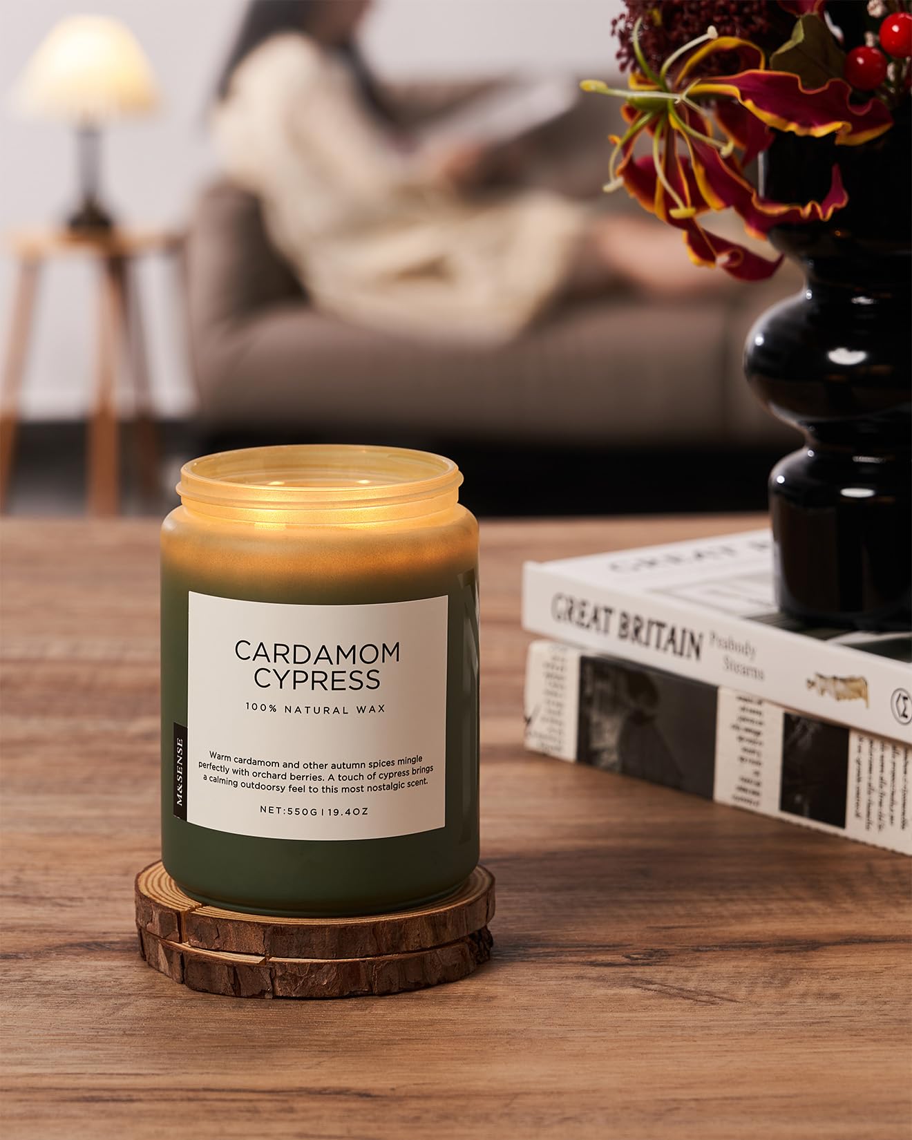 M&SENSE Cardamom Cypress Fir Large Soy Candles for Home Scented 2 Wick Large Soy Natural Candles 19.4oz 110 Hours Long Lasting Slow Burning Woody Scented Winter Holiday Birthday Gifts