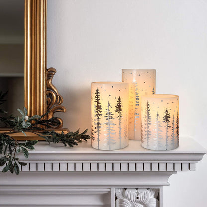 Crystal Club Christmas Flameless Candles, Holiday LED Candles Battery Operated with Remote and Timer, Realistic Flickering Candles with Silver Xmas Tree Decal for Festival & Home Party Decor