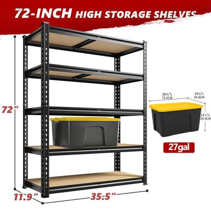 REIBII 2400LBS Storage Shelves 5 Tier Garage Shelving Heavy Duty Adjustable Garage Shelves, Utility Rack Shelf, Shelving Units for Warehouse Pantry Closet, Commercial, 35.5" W x 11.9" D x 72" H, Black