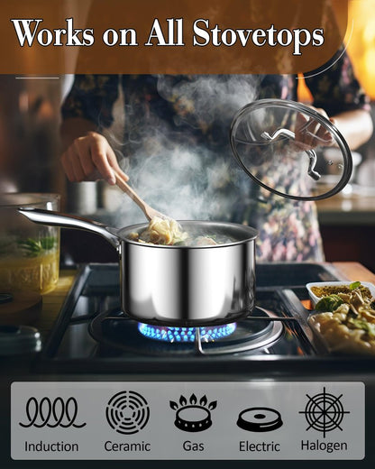 Cook N Home Stainless Steel Sauce Pan with Lid, 1.5 Quart Tri-Ply Full Clad Small Kitchen Pot, Dishwasher & Oven Safe, Induction Compatible Cookware