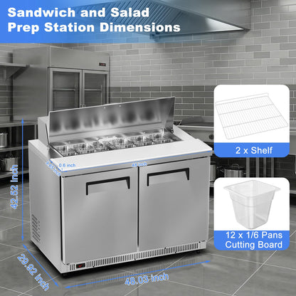 Tylza 48" Commercial Refrigerator, 12.7 Cu.Ft Sandwich Salad Prep Table, Mega Top Worktop Fridge w/ 12 Pans & Cutting Board, 2-Door Stainless Steel Salad Prep Cooler for Restaurant & Food Truck