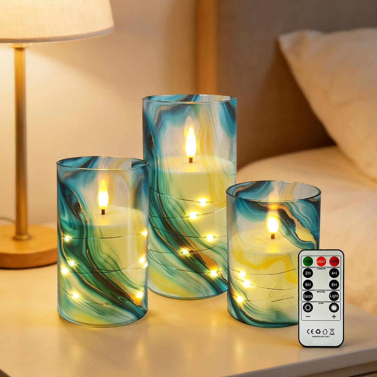 Flickering Flameless Candles Blue Water Ripple Print, Embedded Star String Lights, Battery Operated Acrylic LED Pillar Candles with 11-Key Remote and Timer for Home Decoration, 3 Pack