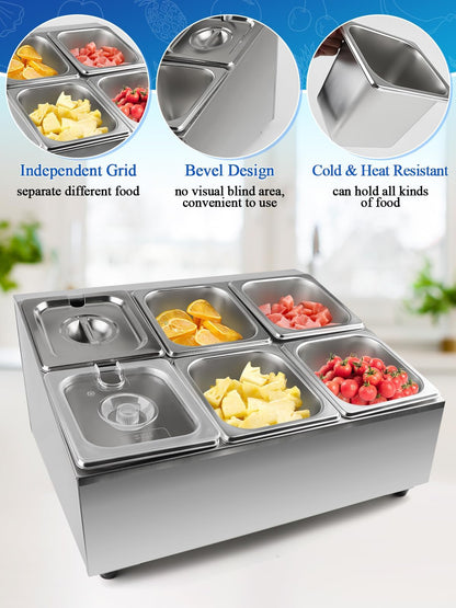 Lanstics 6 Pans Spice Rack Shelf 2 Row Stainless Steel Spice Organizer Stand with Lids Spoons Countertop Inclined Holder Buffet Containers Set for Sauce Jam Fruits Ingredient Kitchen Restaurant Pantry