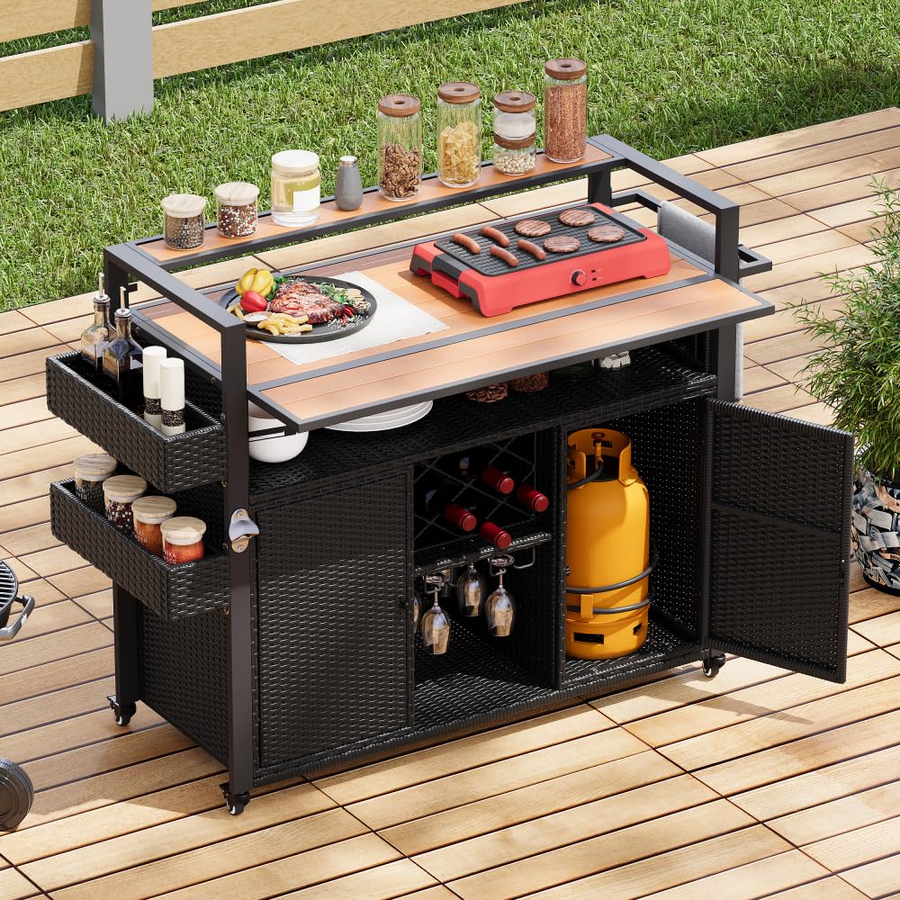 Dfchlda 52.8" Wicker Outdoor Grill Cart with Extended Plastic Wood Table Top, Rolling Kitchen Island with Storage Cabinet, Double Handle Design for Patio, Backyard, Garden, Poolside(Black Brown)
