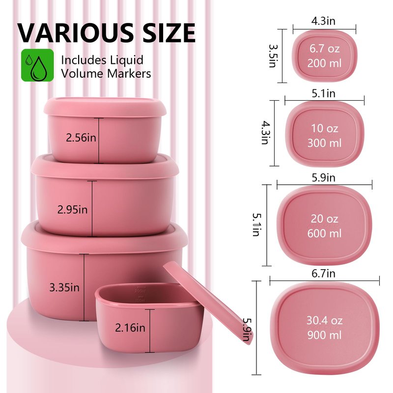 AOEDEO 4Pcs Silicone Food Storage Containers with Lids，BPA Free Reusable Silicone Storage Containers for Food Freezer Containers Freezer Dishwasher Safe (33.8oz, 20oz, 10oz, 6.7oz) (pink)