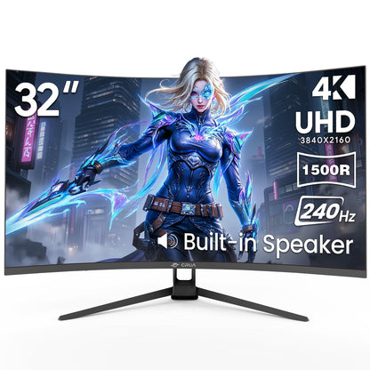 CRUA 32'' 4K Curved Gaming Monitor, UHD 3840x2160 240Hz VA Screen, 1500R, FreeSync, 120% sRGB, Built-in Speakers, PIP/PBP, DP 1.4 & HDMI 2.1, Tilt Adjustable/Wall Mountable-Black