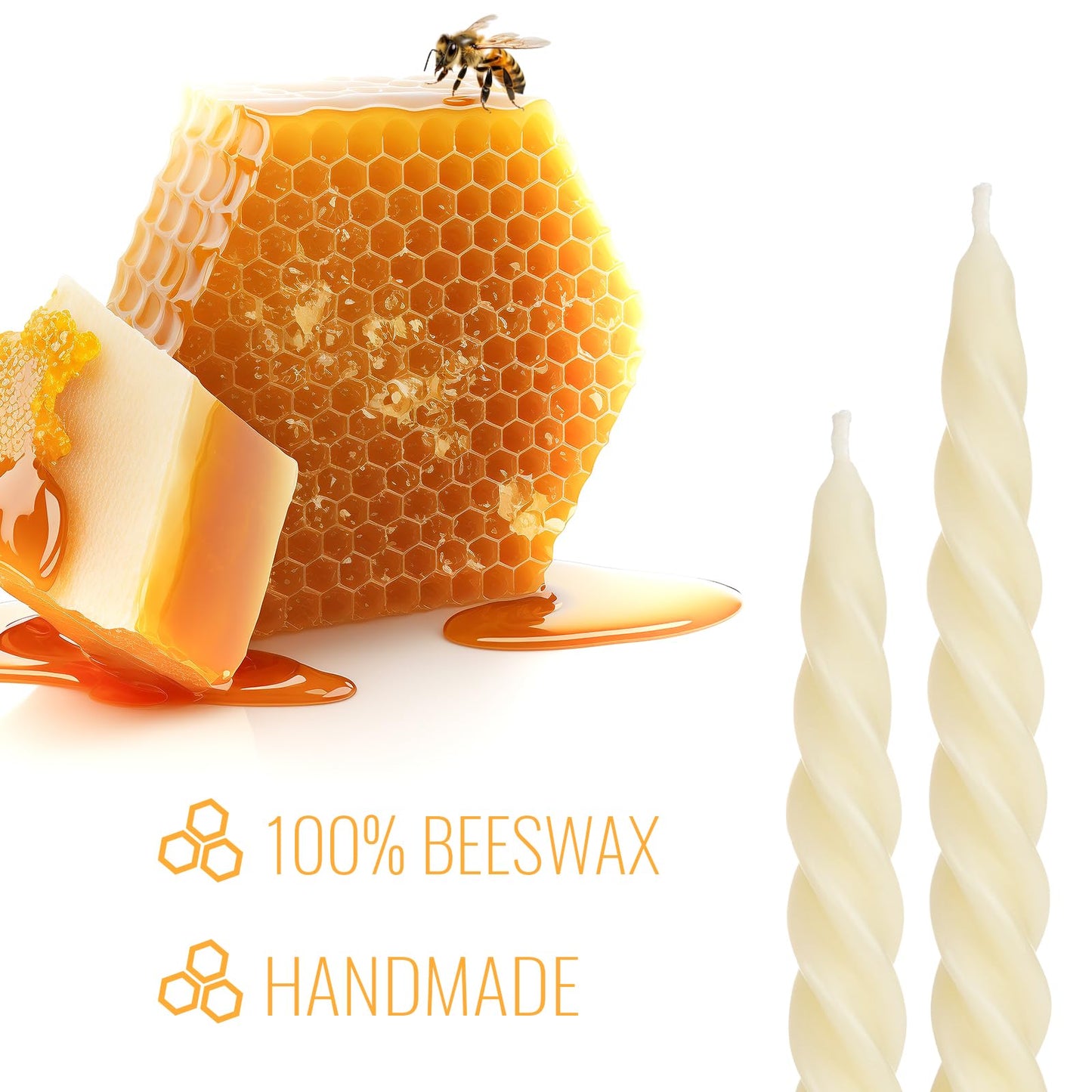 10 inch Beeswax Taper Candles Set of 8, Spiral Bees Wax Tapered Candle - 7 Hours Long Burning, Dripless Candles for Home Decor,Birthday Gift (Ivory)