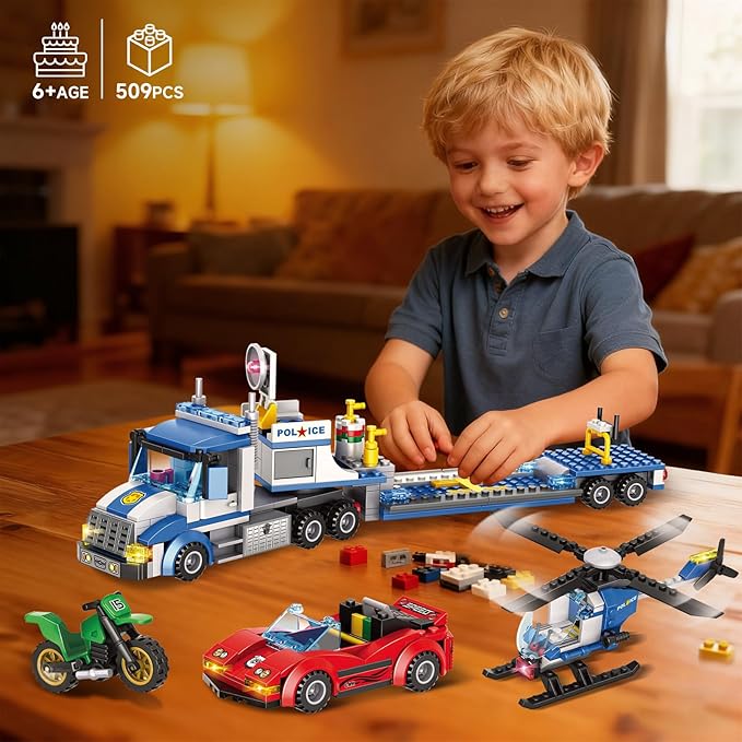 City Police Truck and Trailer Building Toy Compatible with Lego 469 Pcs Fun Educational STEM Learning Block Set Gift for Boys &amp Girls Age 6-12 Years Old