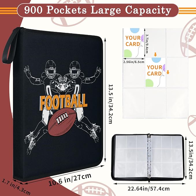 Football Card Binder 900-Card Trading Card Binder with 50 Removable Sleeves 9-Pocket Sports Card Binder 3-Ring Design Football Card Holder for Collectors