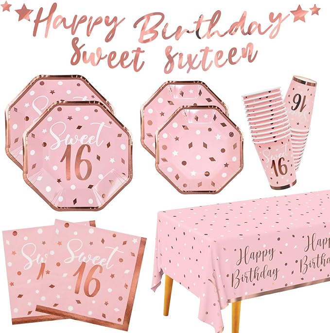 Rose Gold &amp Pink Sweet 16 Birthday Bundle: Party Supplies Set with paper Plates Napkins Cups Tablecloth &amp Banner - Sweet Sixteen Decorations Party Favors Serves 25