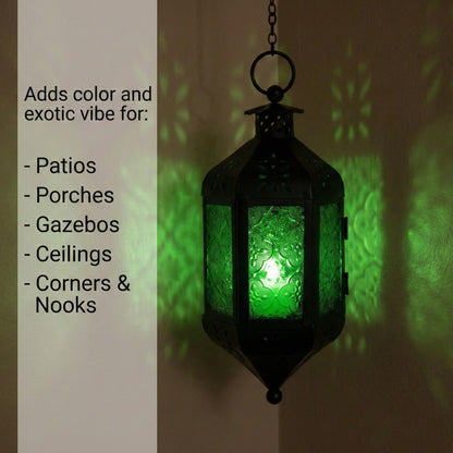Vela Lanterns Hanging Moroccan Lamp - Exotic Decorative Patio & Porch Decor, Indoor Outdoor Tea Light Candle Lantern Holder with Chain (11" Medium, Green Glass)