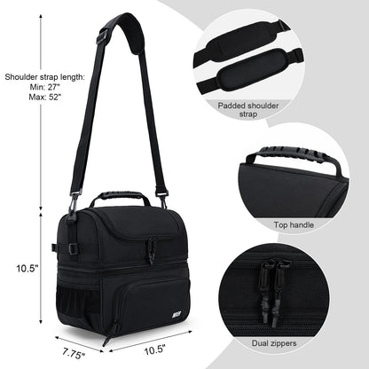 MIER Dual Compartment Lunch Bag Tote with Shoulder Strap for Men and Women Insulated Leakproof Cooler Bag, Black