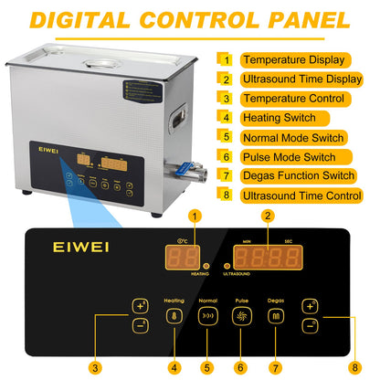 EIWEI 6L Ultrasonic Cleaner Dual-Frequency Professional Digital Stainless Steel Cleaning Machine with Heater Timer for Carburetor, Parts, Circuit Board, Glasses, Denture，Jewelry