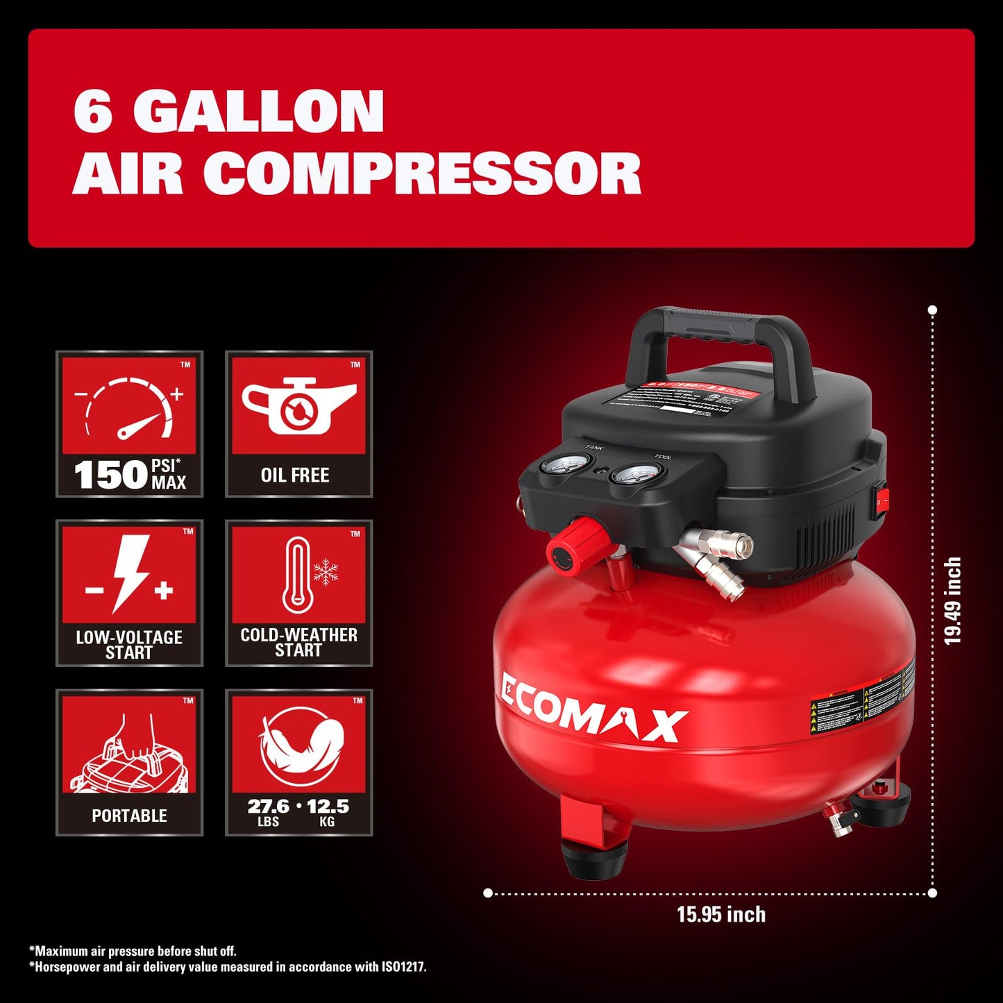 ECOMAX Air Compressor 6 Gallon 150 PSI Pancake Portable Oil-free Tank with 10 PCS Accessories Kit