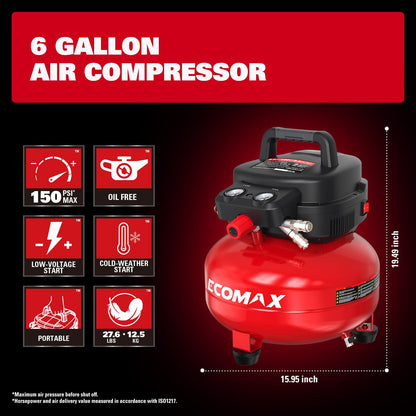 ECOMAX Air Compressor 6 Gallon 150 PSI Pancake Portable Oil-free Tank with 10 PCS Accessories Kit