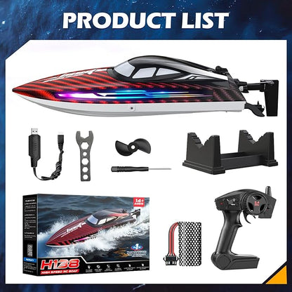 RC Boat 30KMH with 7Light ModesRemote Control Electric Fast Speed Boat for Adults Kids 8-12 Lake Pool Water PlaySelf-rightingDemoWater CoolingFull Waterproof20 MinsLow Battery Alert2.4GhzRed