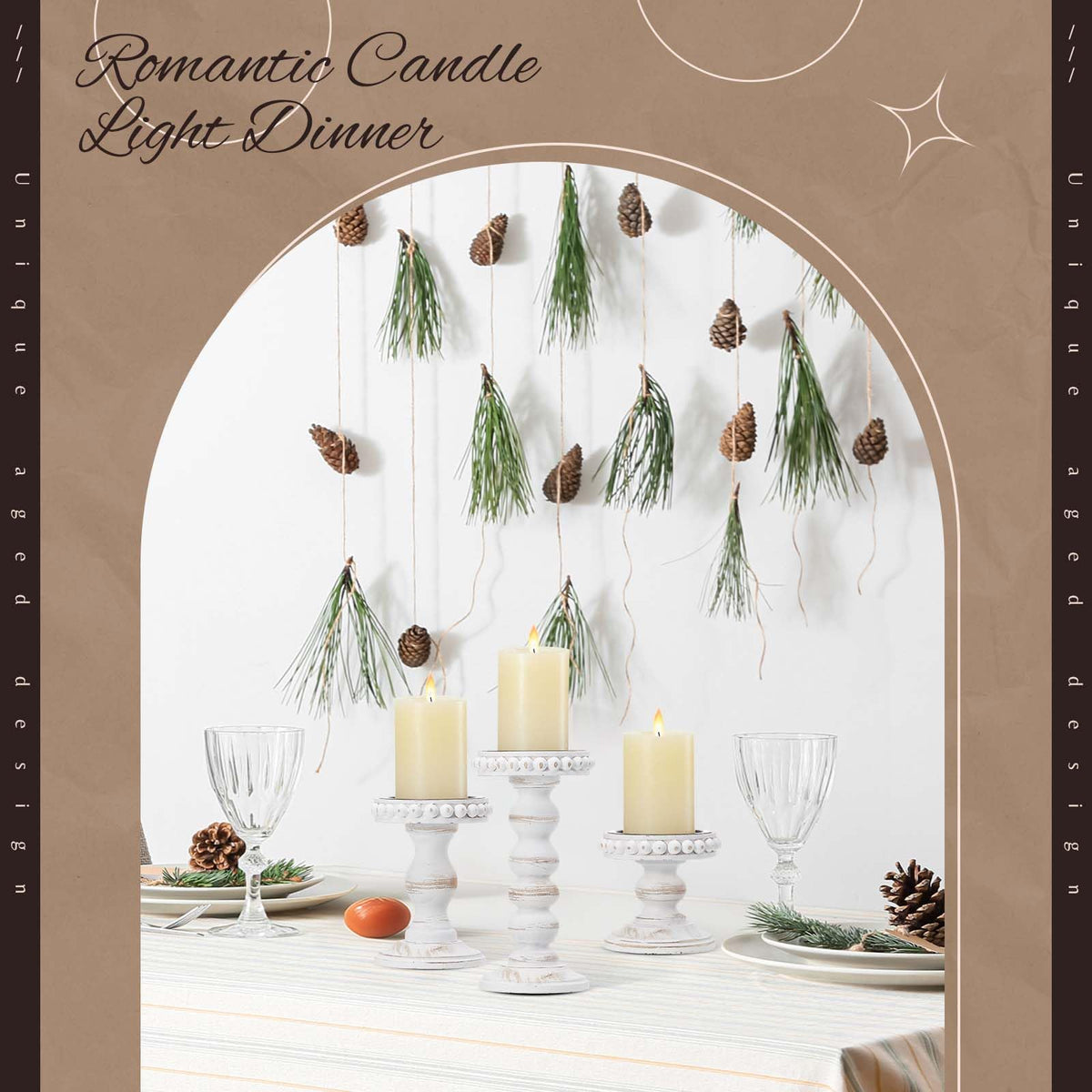 Mumufy 3 Pcs Candle Holders for Pillar Candles Rustic Farmhouse Home Decor Decorative Washed Beaded White Black Wood Candle Holder Country Style for Table Mantel Fireplace Wedding (White,Small)