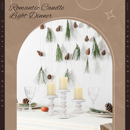 Mumufy 3 Pcs Candle Holders for Pillar Candles Rustic Farmhouse Home Decor Decorative Washed Beaded White Black Wood Candle Holder Country Style for Table Mantel Fireplace Wedding (White,Small)