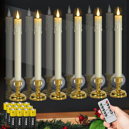 DRomance Christmas Flameless Window Taper Candles Battery Operated with Remote and Timer, 6 Pack Ivory Plastic Dripping LED Flickering Candles with Suction Cups Holiday Indoor Decor(Gold Holders)