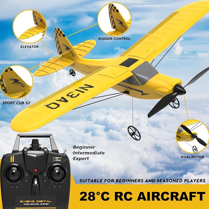 28℃ RC Plane 3 Channel Remote Control Airplane Trainer Sport Cub S2 with Propeller Saver&ampXpilot Stabilization SystemOne-Key U-Turn Easy to Fly for Beginners Kids Adults Yellow (761-14 RTF)