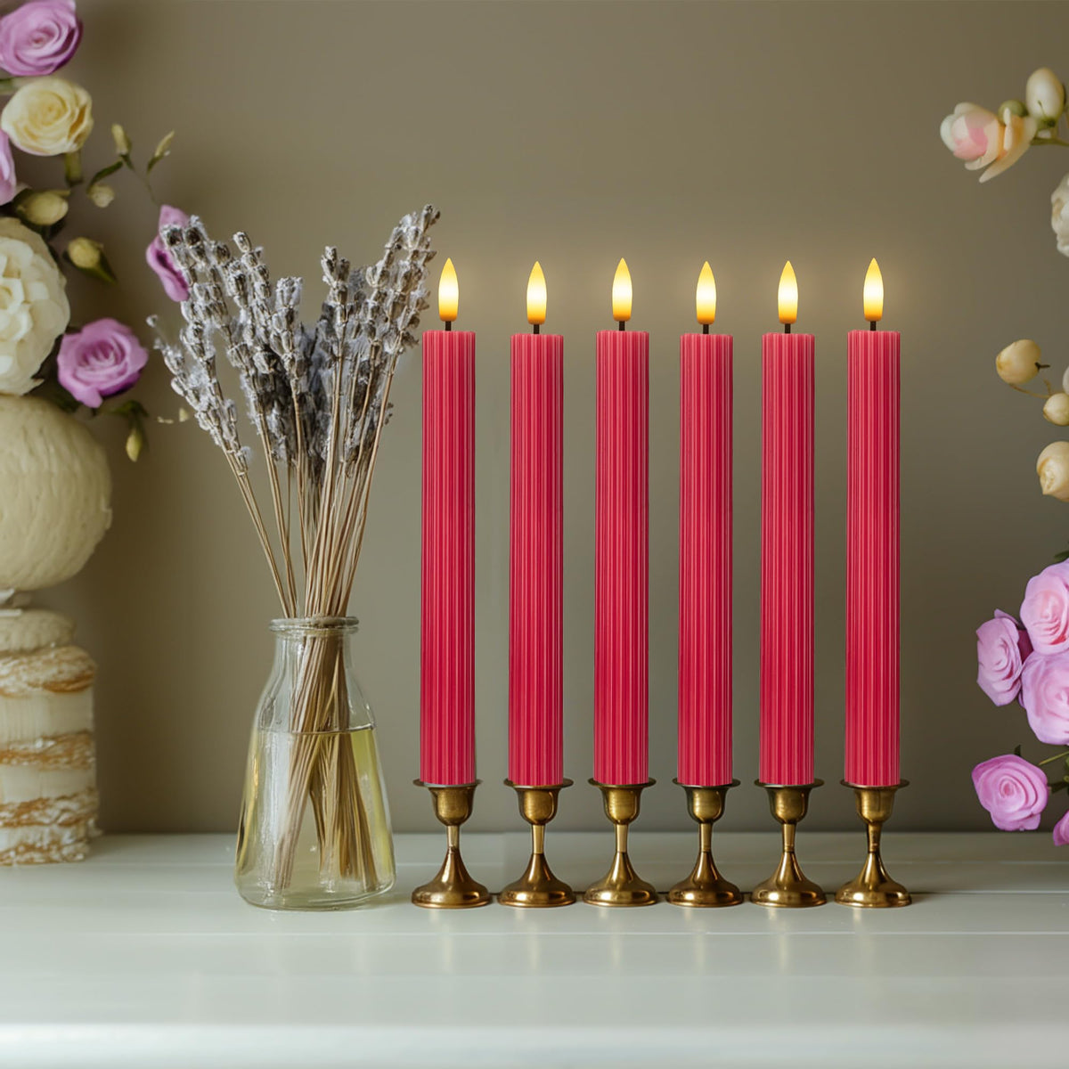West Ivory 12 Pack, 10" LED Flameless Red Fluted Ribbed Grooved Taper Candles, Remote & 24h Timer Memory, On/Off Button, Dimmable, Flicker Mode, Battery Operated, Christmas Menorah Wedding
