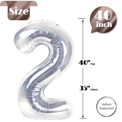 Laser Silver 2 Balloon, Number Balloons 40 Inch, 2nd Balloon Number Birthday Decorations, Second Two Birthday Party Supplies, Number 2 Balloon