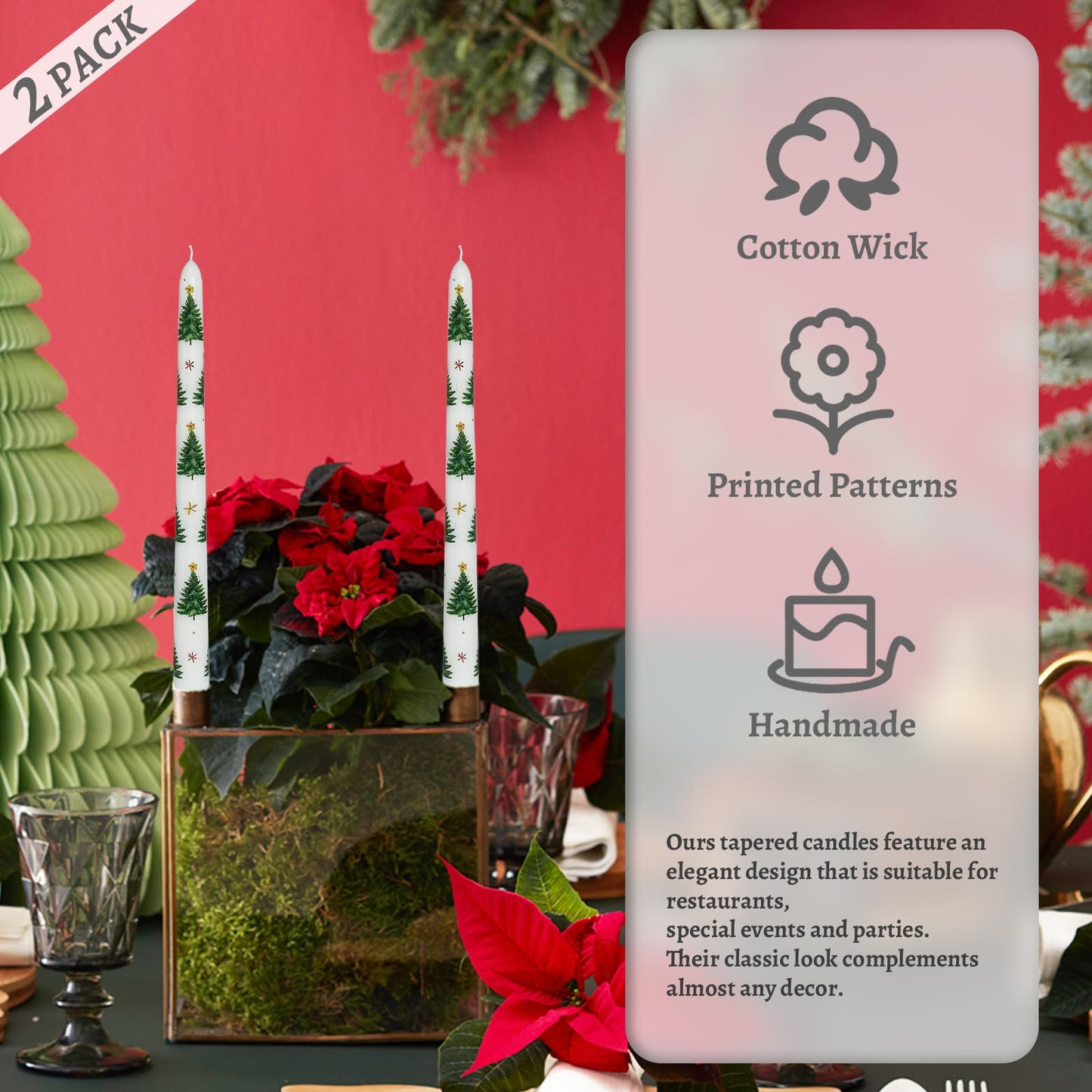 Floral Taper Candles 10 Inch Tall Unscented Handmade Christmas Trees Print Long Burning Elegant Candlesticks for Holiday Decor Gifts
