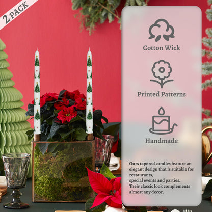 Floral Taper Candles 10 Inch Tall Unscented Handmade Christmas Trees Print Long Burning Elegant Candlesticks for Holiday Decor Gifts