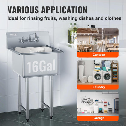 VEVOR Stainless Steel Prep & Utility Sink, 1 Compartment Free Standing Small Sink Include Faucet & legs, 21"x18" Commercial Single Bowl Sinks for Garage, Restaurant, Kitchen, Laundry
