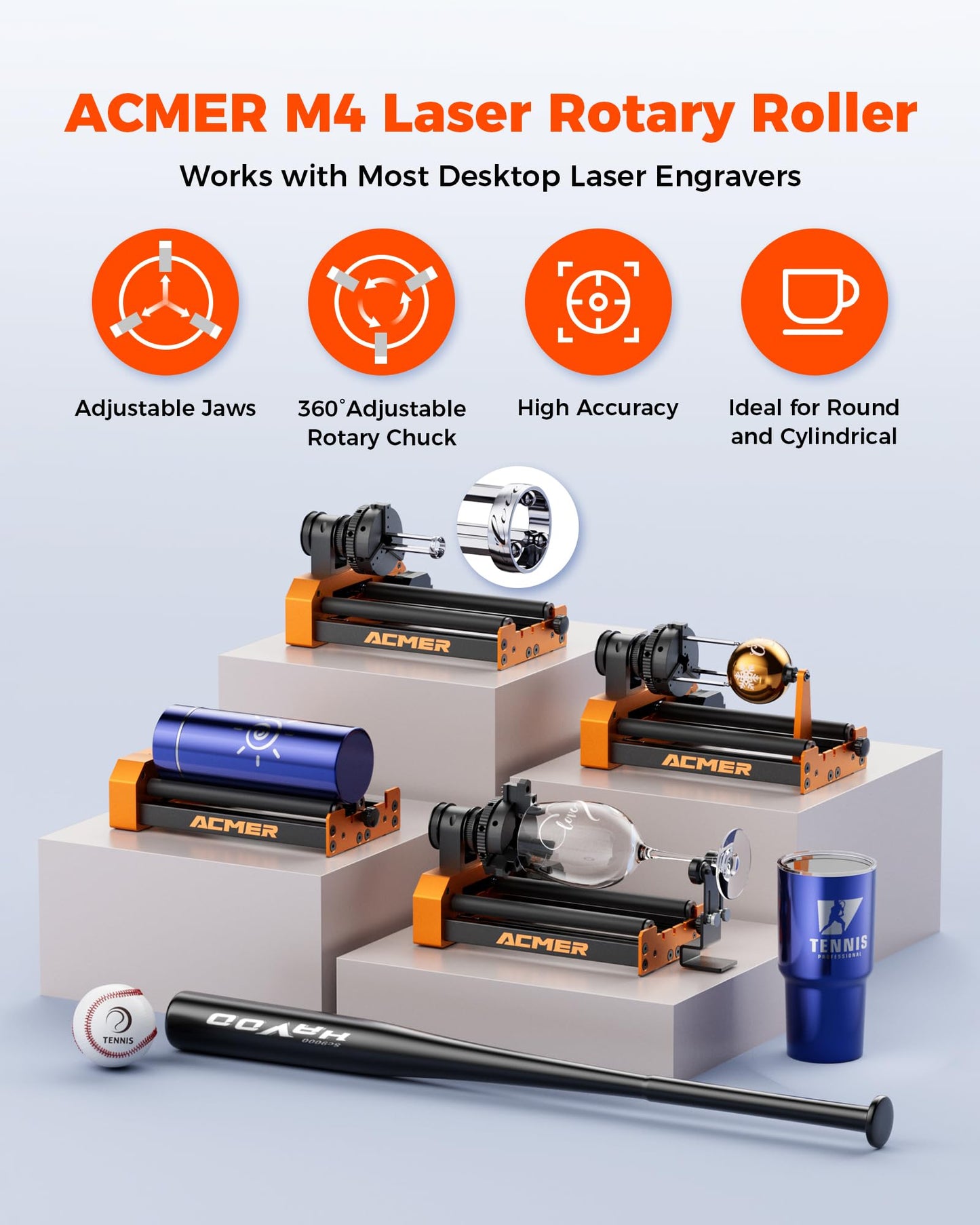 ACMER M4 Laser Rotary Roller, 360° Y-Axis Rotary Attachment for Laser Engraver, 3–150mm Adjustable Engraving Space, for Cylindrical Objects, Rings, Compatible with Most Laser Engravers