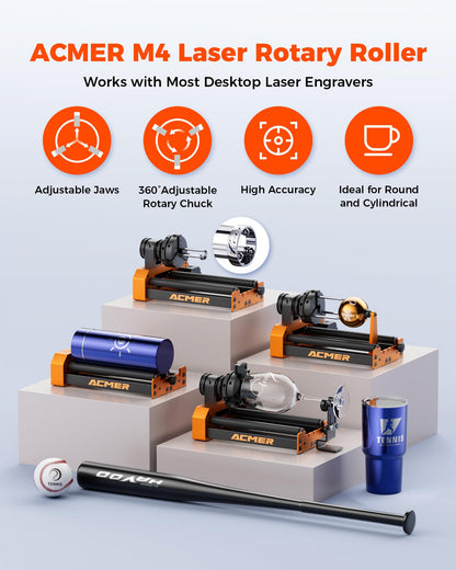 ACMER M4 Laser Rotary Roller, 360° Y-Axis Rotary Attachment for Laser Engraver, 3–150mm Adjustable Engraving Space, for Cylindrical Objects, Rings, Compatible with Most Laser Engravers