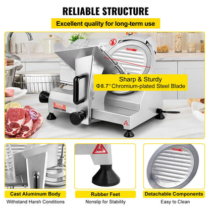 VEVOR Commercial Meat Slicer, 200W Electric Deli Food Slicer, 0-12mm Adjustable Thickness Electric Meat Slicer, 350-400RPM Slicer with 8.7'' Chromium-plated Steel Blade for Home & Commercial Use