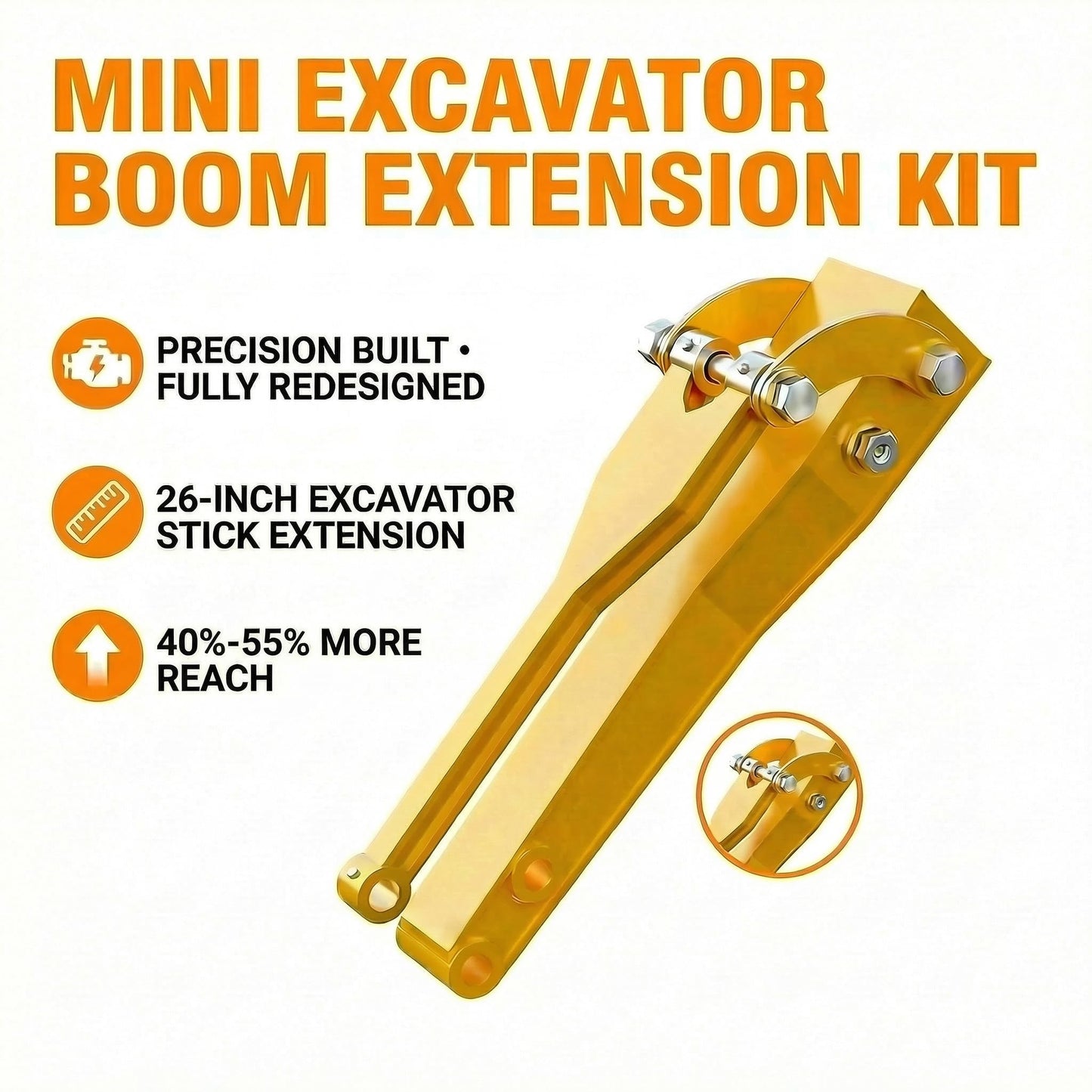Upgrade 26" Mini Excavator Boom Extension, Arm Extension for 0.8-2 Ton Mini Excavator, 6mm Thickened Bushing-Free Boom with Oil Passage, Quick-Release, Extended Reach, No Deformation and Breaking